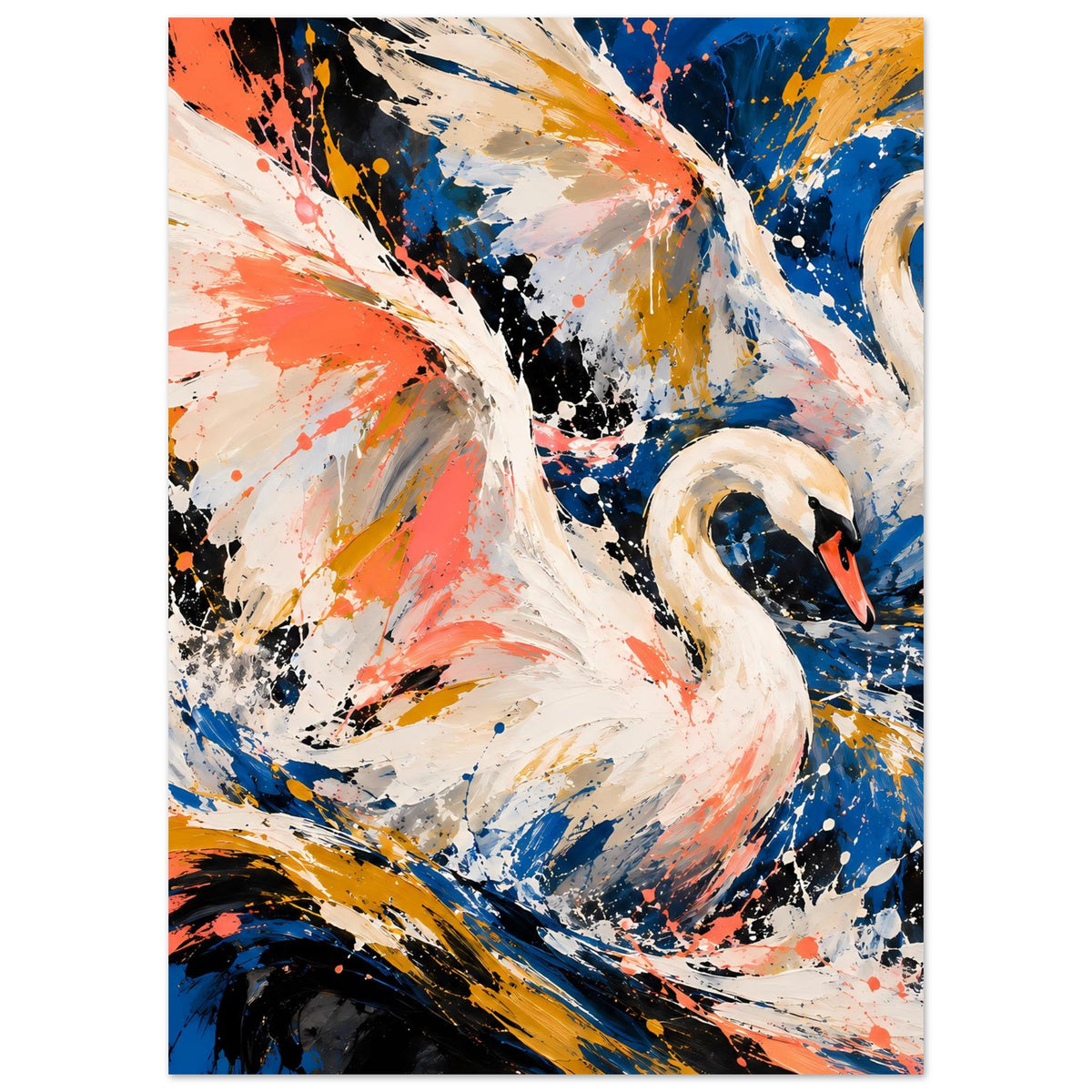 Kunstposter mit schwungvollem Schwan-Motiv, Farbspritzer in Koralle, Gold und Blau