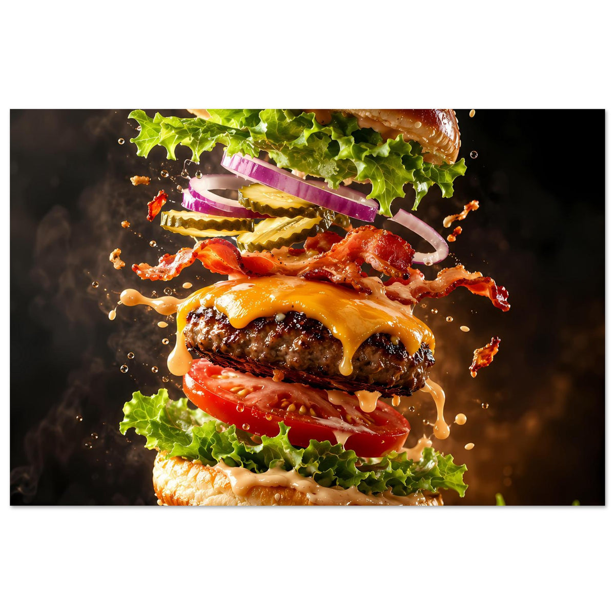 Burgermotiv-Poster: übereinander gestapelter Burger mit gelber Käsesoße und knusprigen Toppings