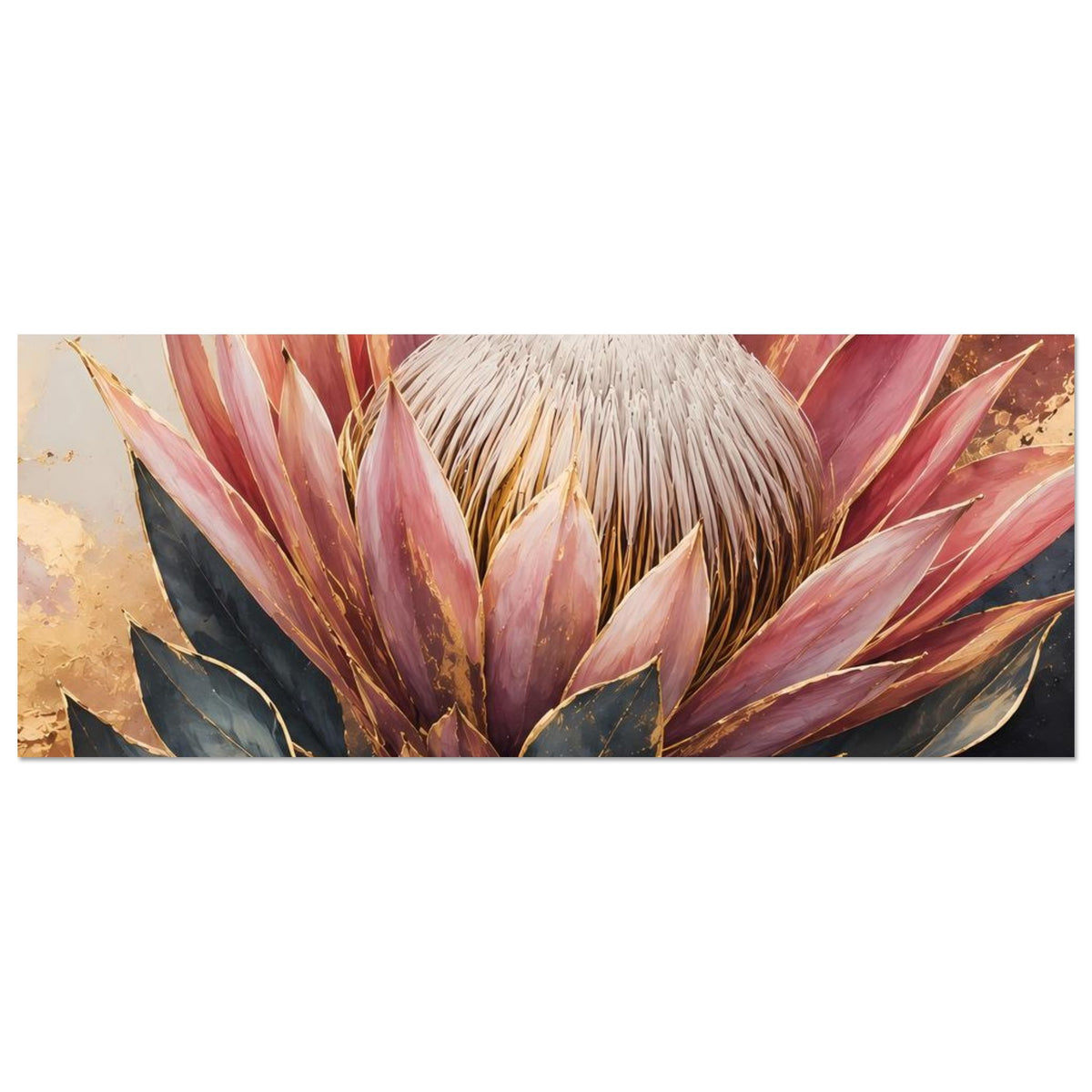 Botanisches Poster mit Königsprotea: altrosa Blütenkrone und goldene Akzente auf dunklen Blättern