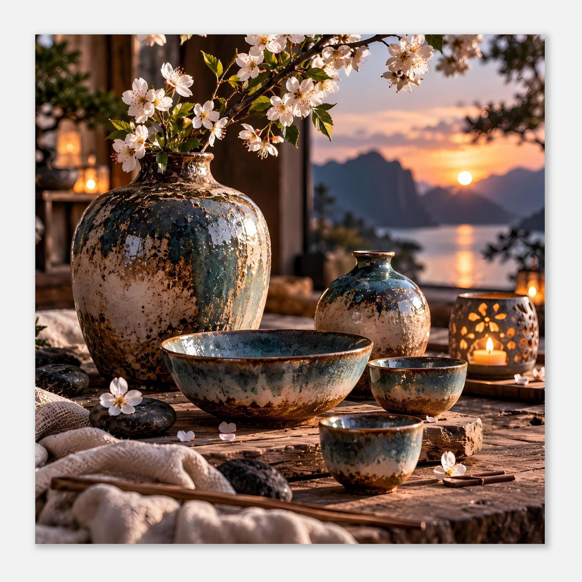 Gerahmtes Poster mit japanischer Keramik: blau gesprenkelte Schalen und Vasen, Kirschblüten, Sonnenuntergang