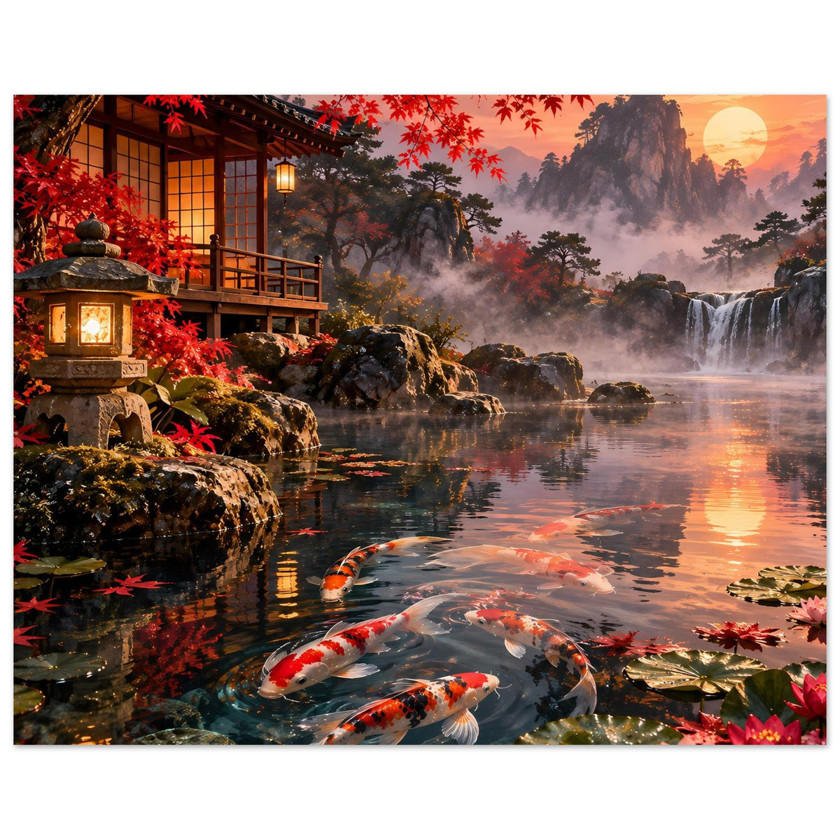 Poster mit Koi-Teich: bunte Karpfen, ruhiges Wasser, Wasserfall, roter Ahorn und Laterne.