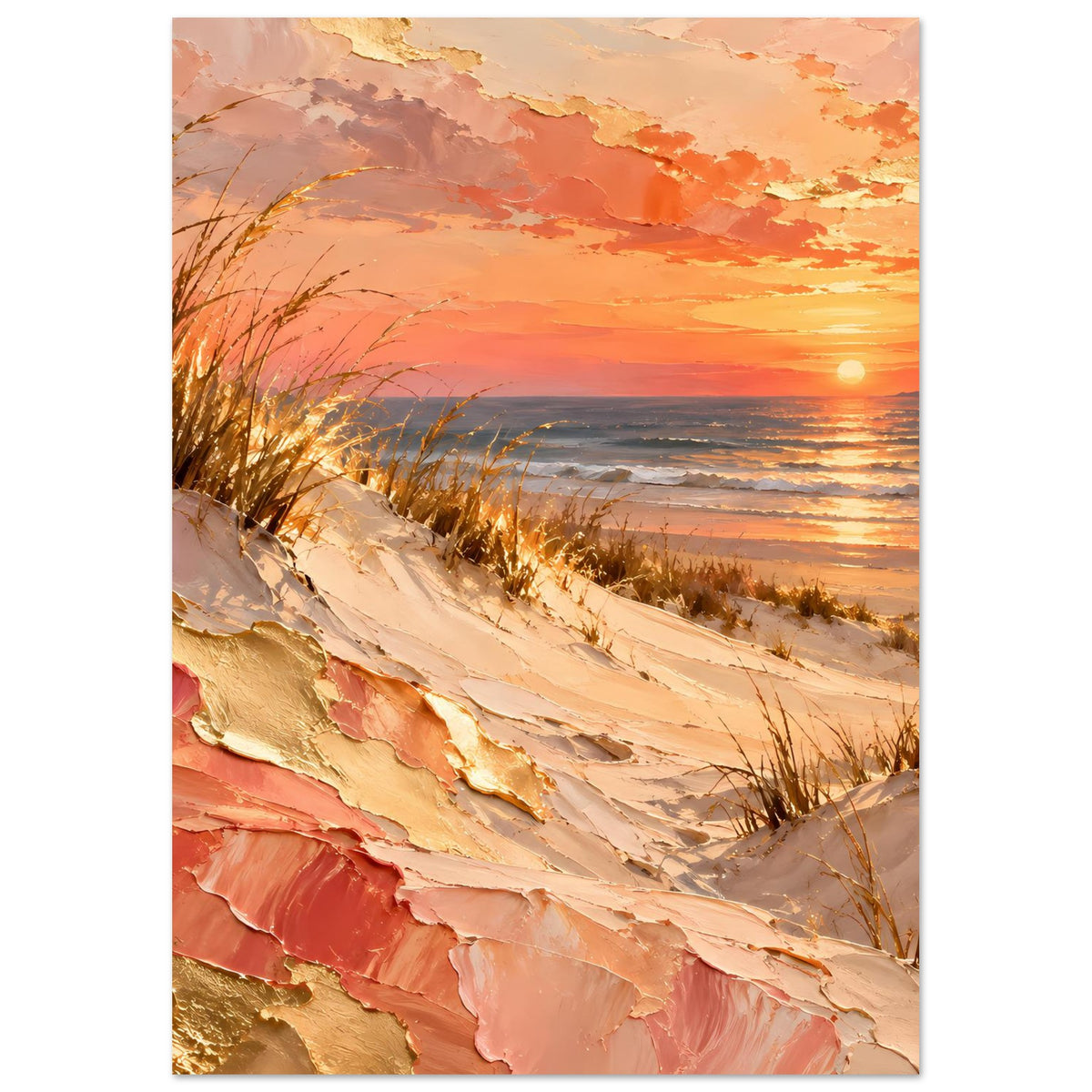 Hochformatiges Meerposter: Stranddünen mit Dünengras und pfirsichgoldenem Sonnenlicht