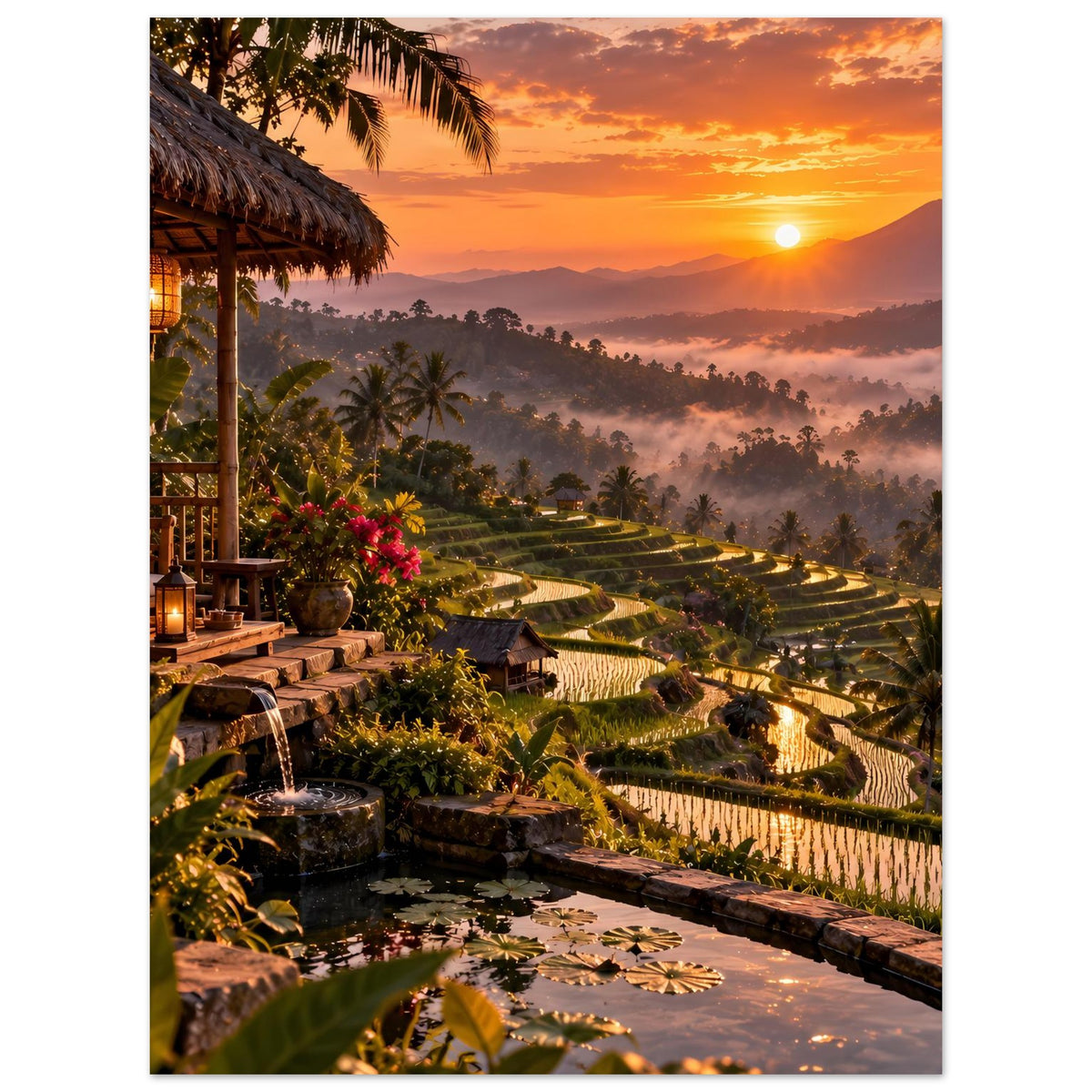 Poster: Reisterrassen und tropische Lodge im warmen Sonnenuntergangslicht, mit Palmen