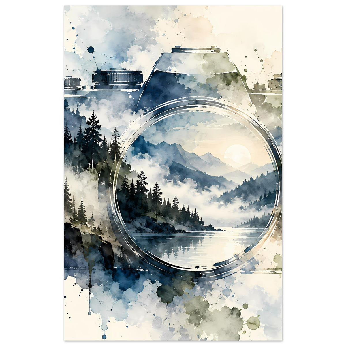 Aquarellposter mit Vintage-Kamera-Motiv: Nadelwald und Berglandschaft im runden Linsenrahmen