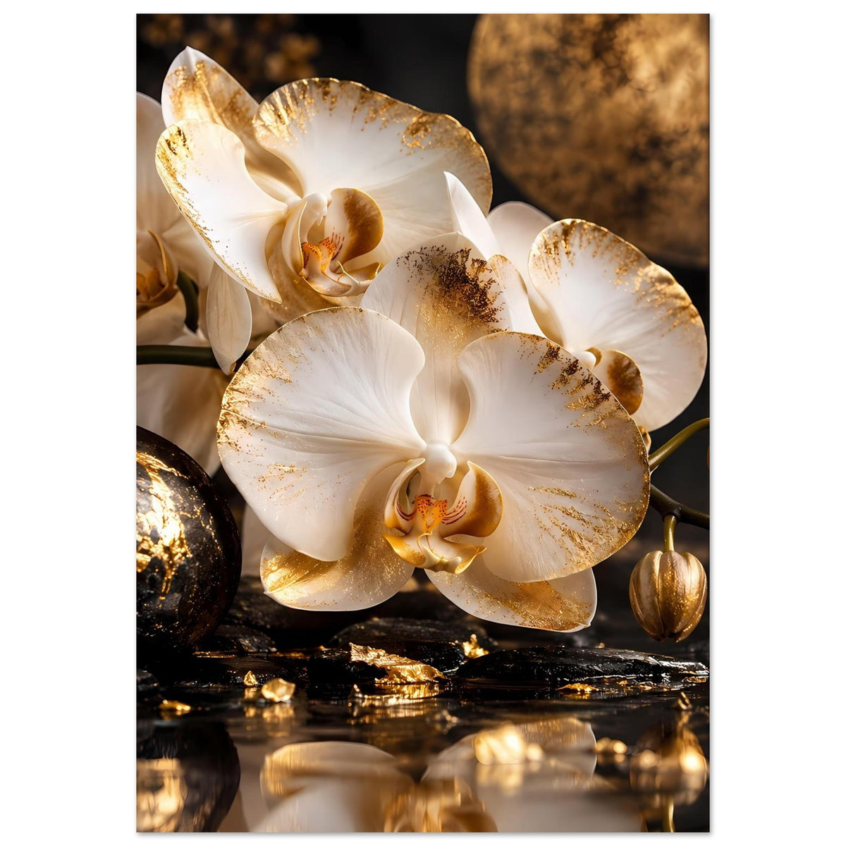 Poster mit weißen Orchideenblüten und goldenen Akzenten auf dunklem, glänzendem Grund