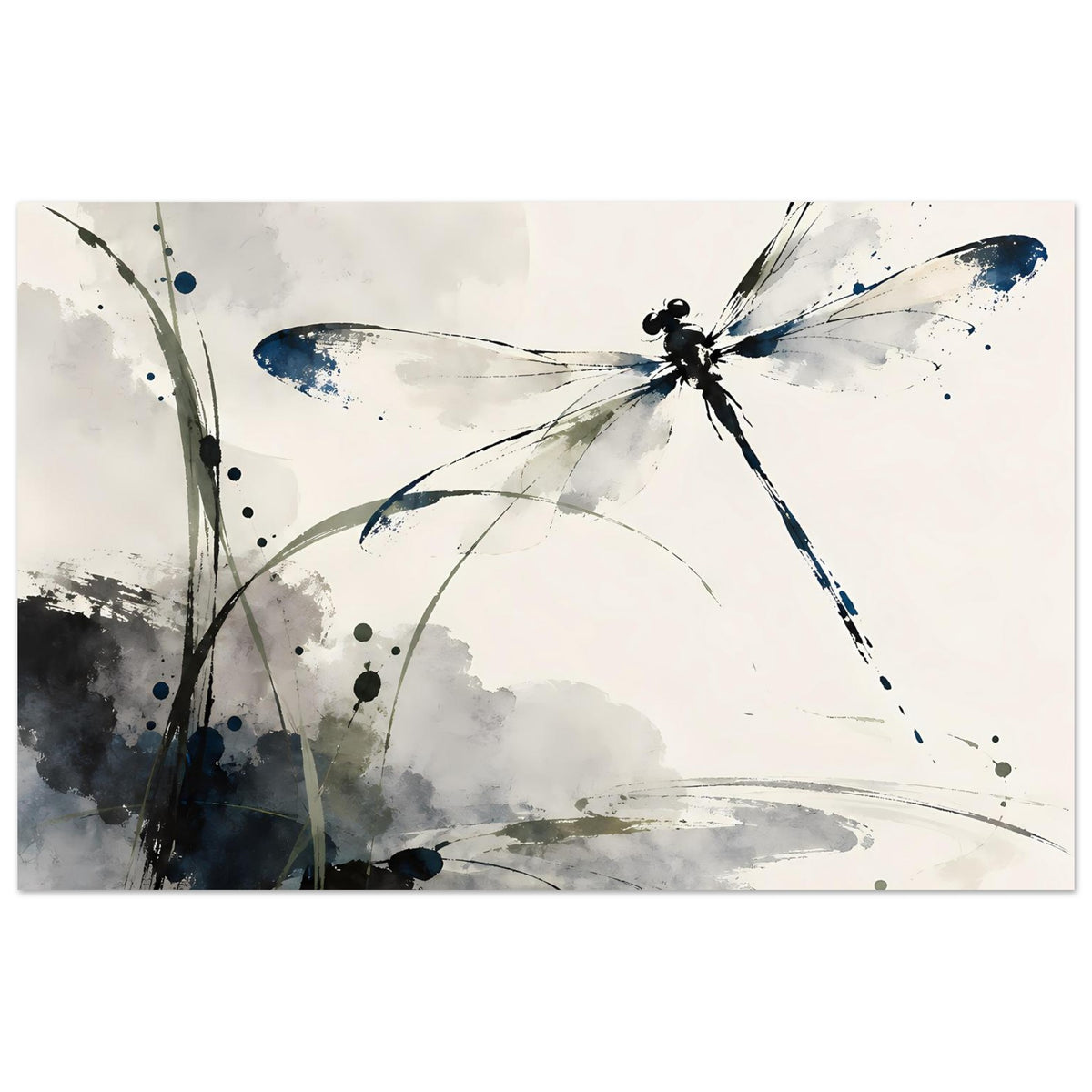 Horizontales Aquarell-Poster mit Libelle in Blau- und Grautönen, dynamische Pinselstriche
