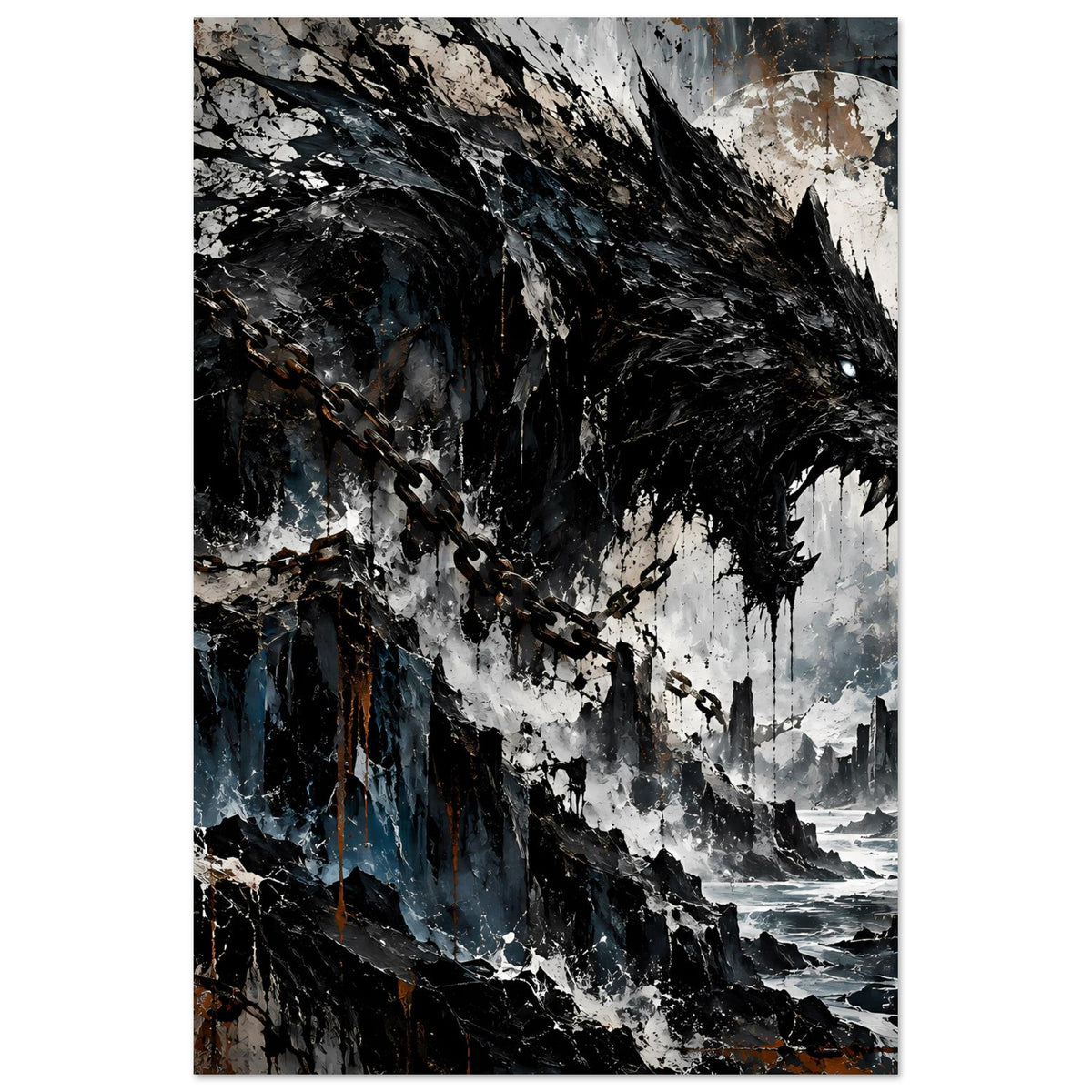 Dunkles Wolfskopf-Poster mit starken Kontrasten, Kettenornamenten und Hafen-/Küstenbild
