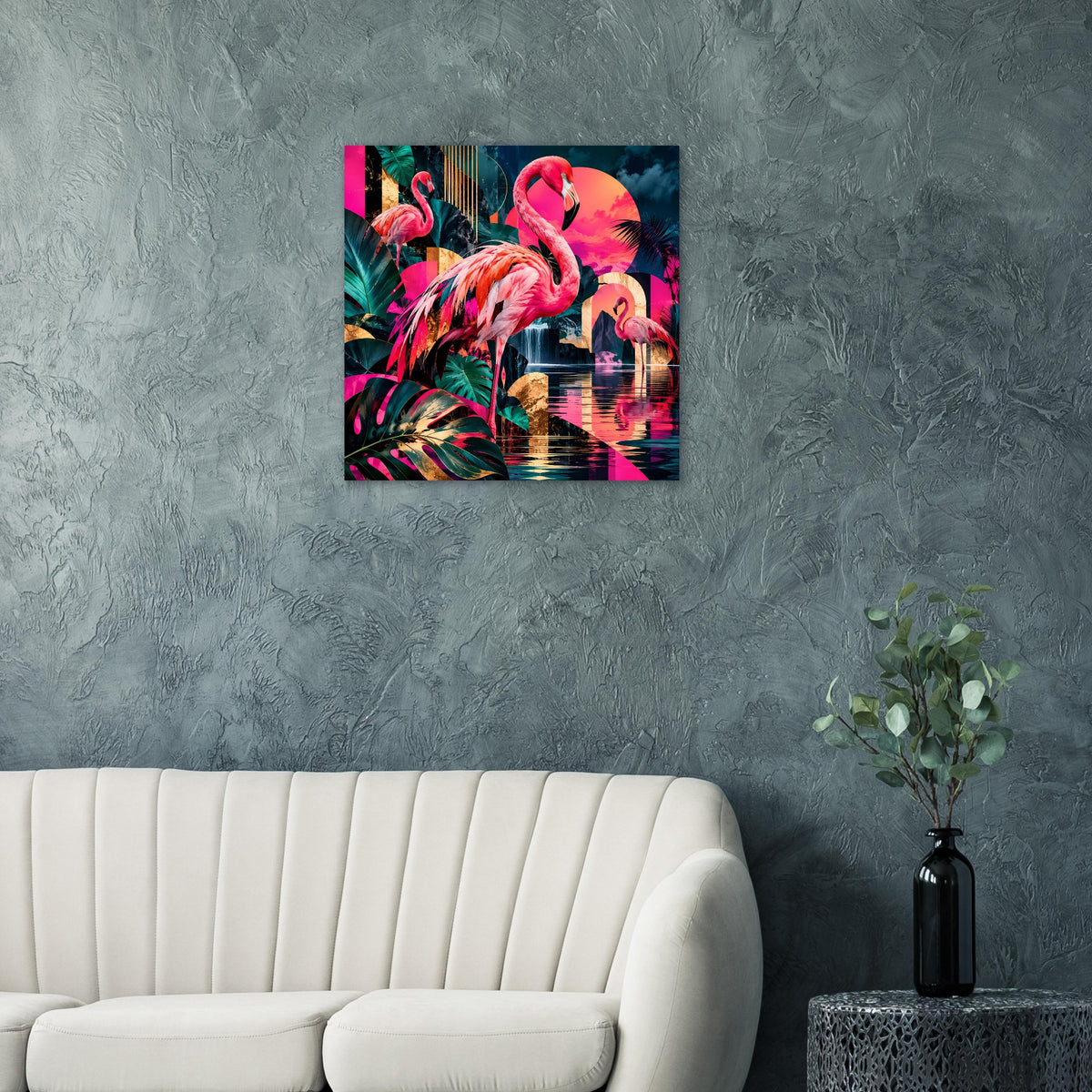 Poster mit Flamingos in kräftigem Pink und Regenbogenakzenten im Neon-Stil