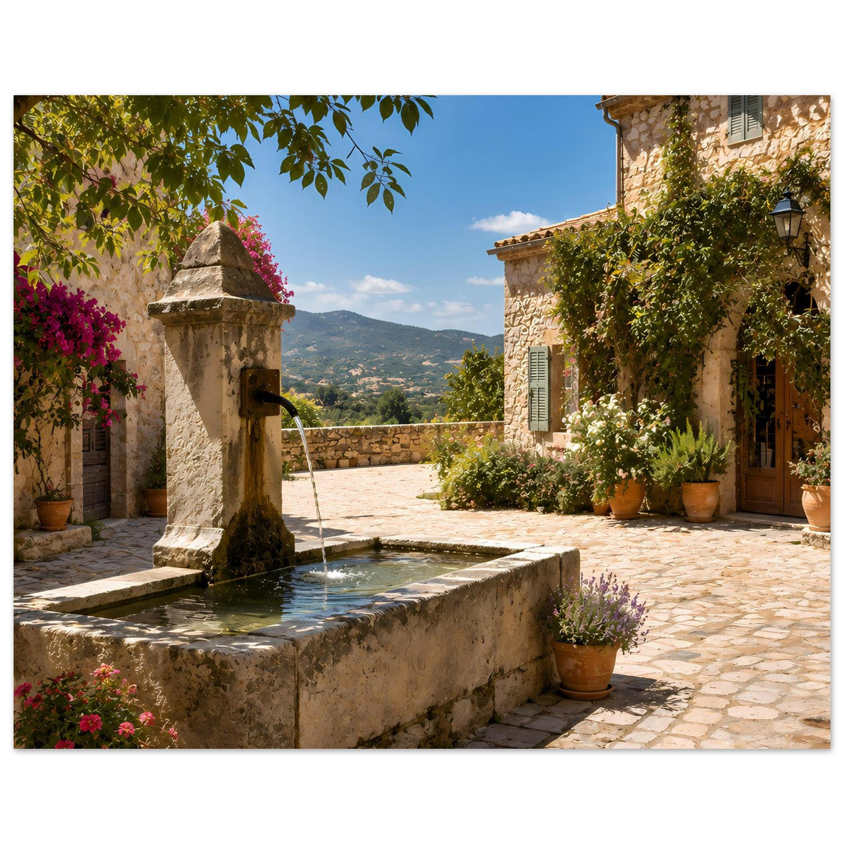 Poster: Steinfbrunnen im mediterranen Innenhof mit fließendem Wasser und blühenden Pflanzen