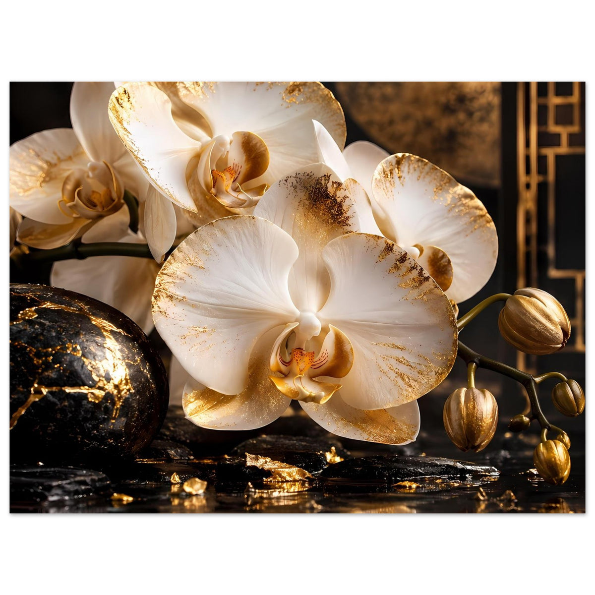 Poster mit weißen Orchideenblüten und goldenen Sprenkeln, dekorative Kugeln und Steine