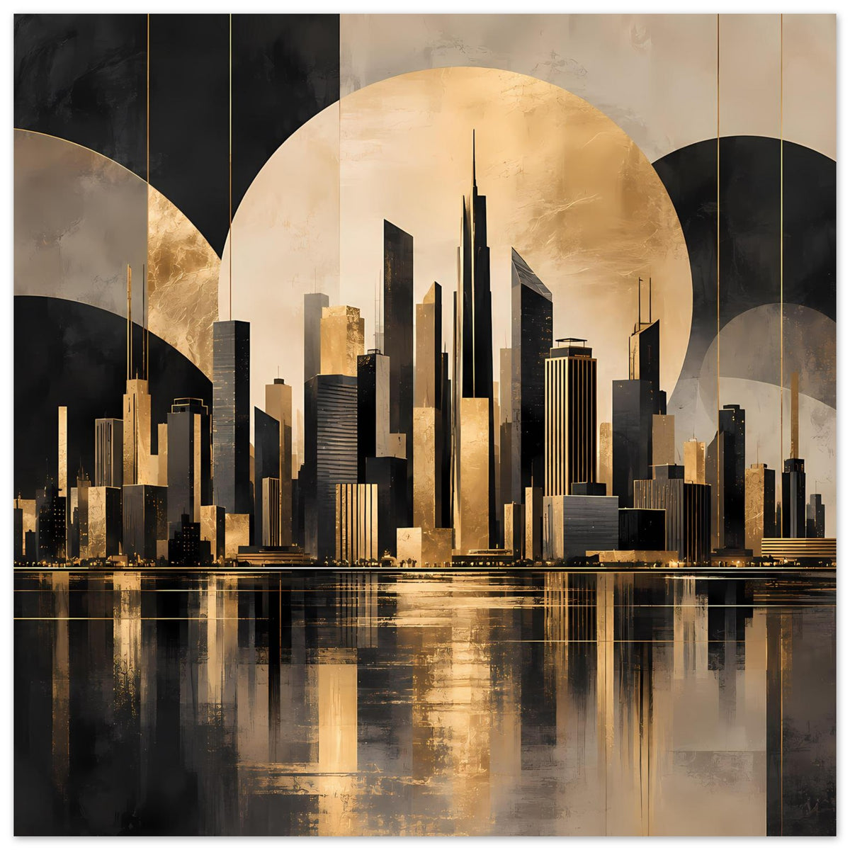 Stadtposter Skyline in Goldtönen und Schwarz, runde Form über der Stadt