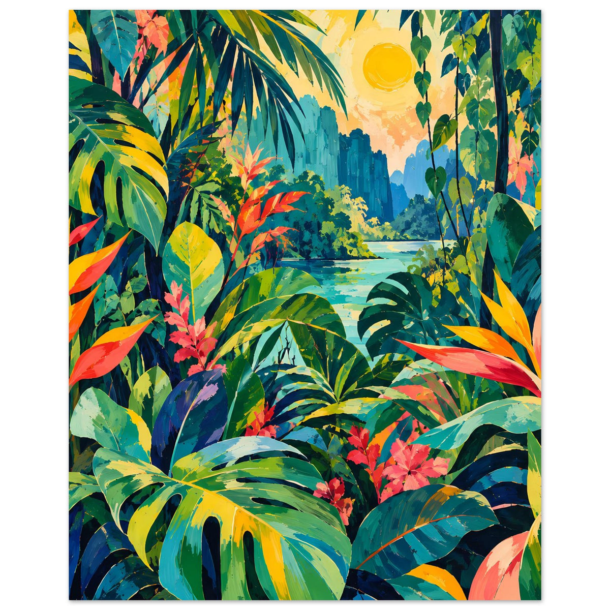Poster mit tropischem Jungle-Motiv in Grün, Gelb und Pink: Blätter, Sonne, Wasser, gerahmt