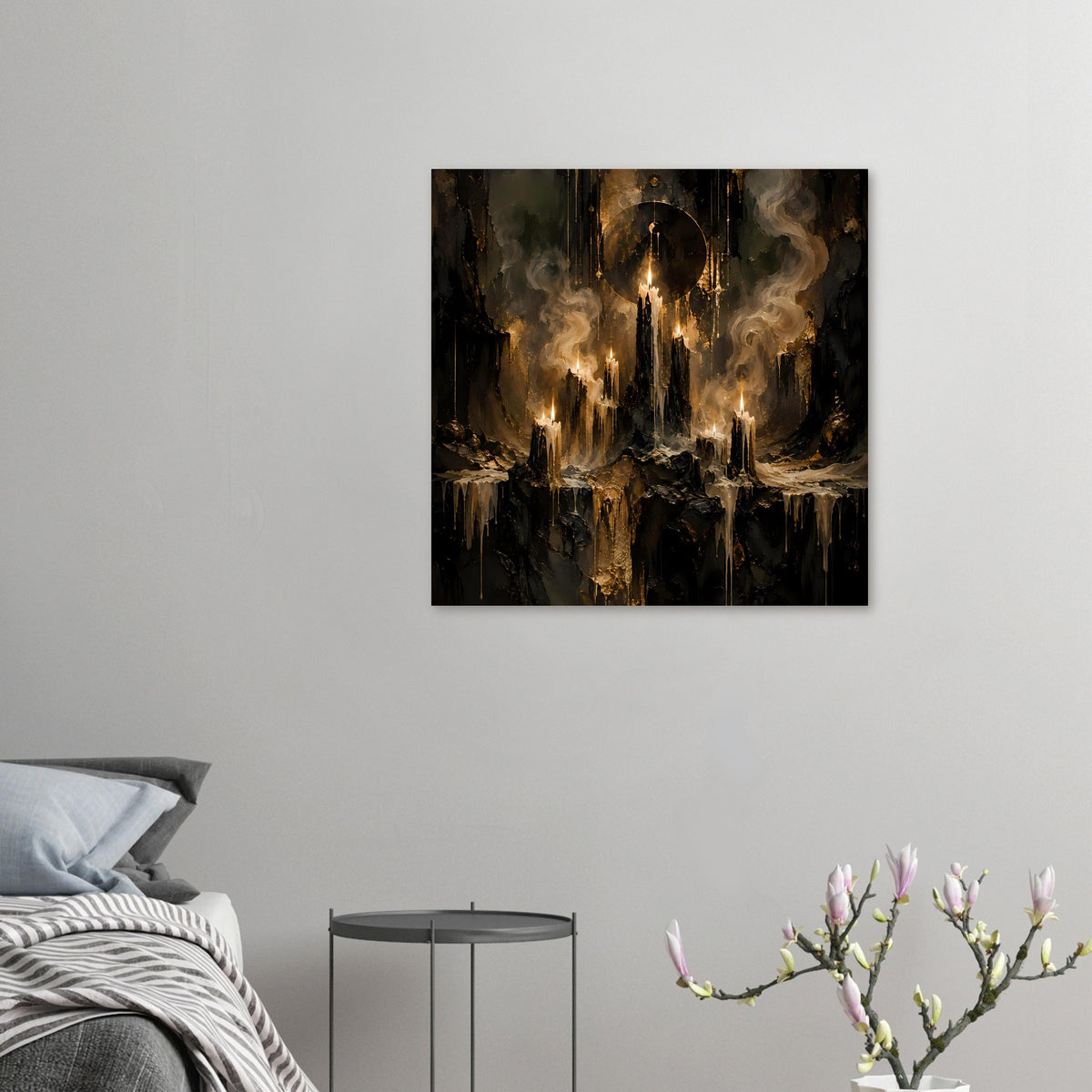 Kleines Poster (Querformat): brennende Kerzen, Rauchwolken und goldene Flammen
