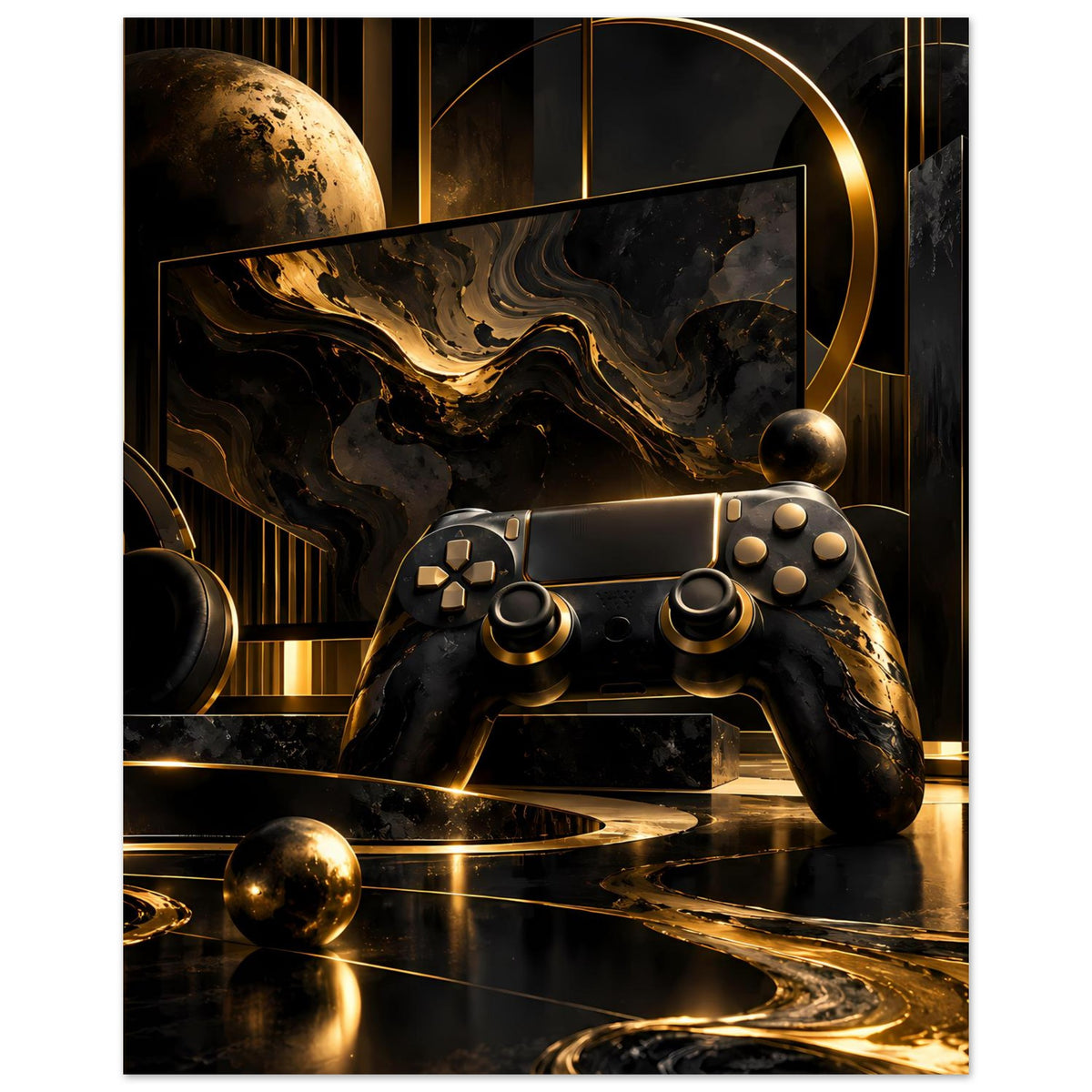 Gaming-Poster mit Gamecontroller in Schwarz und Gold, abstrakte goldene Bögen und Reflexe