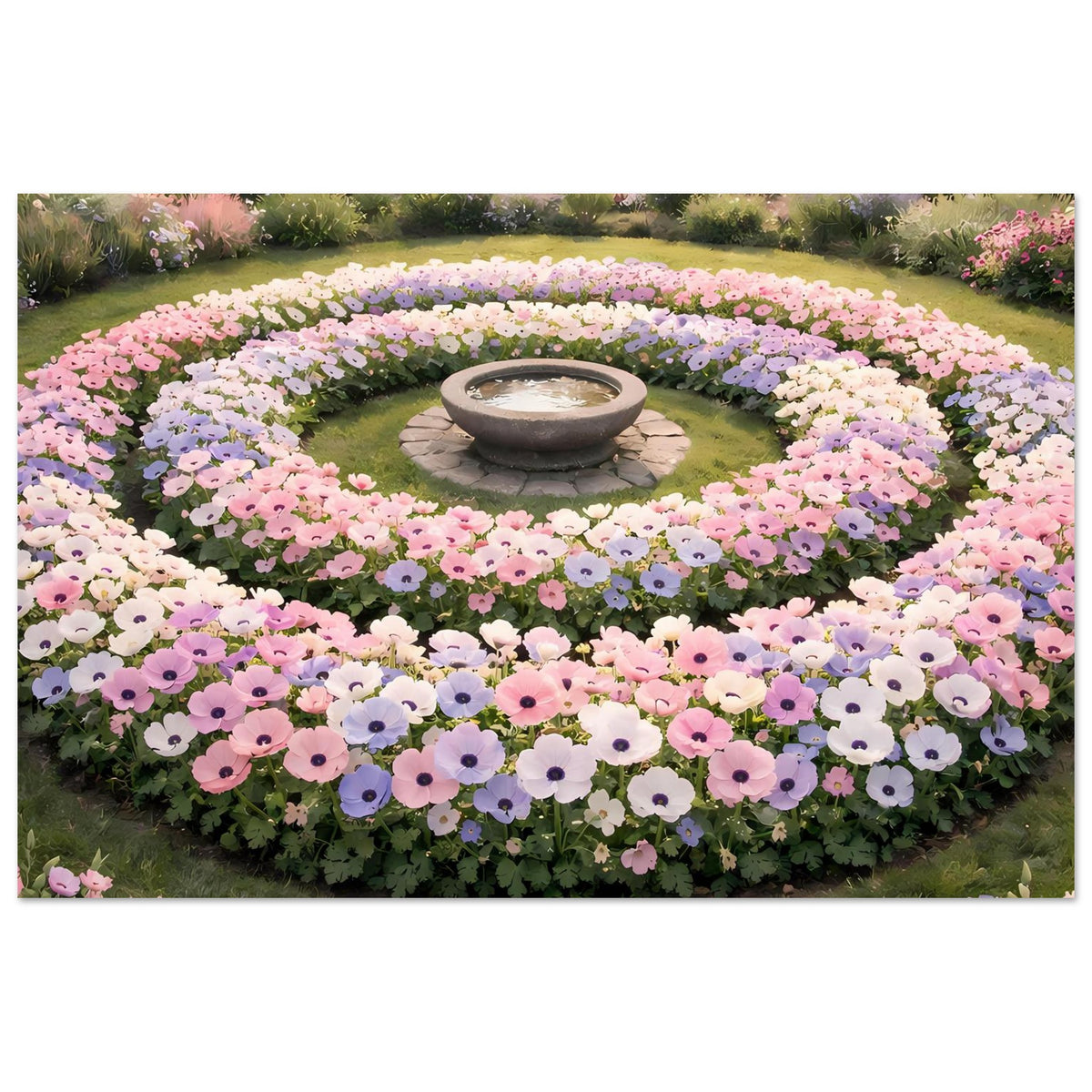 Horizontales Poster mit kreisförmigen Pastellblumenbeeten und Tonschale in der Mitte