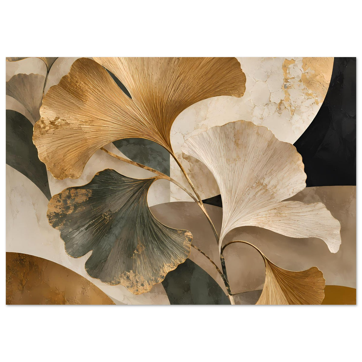 Botanisches Poster mit Ginkgo-Blättern, goldene und cremefarbene Blätter, erdige Akzente