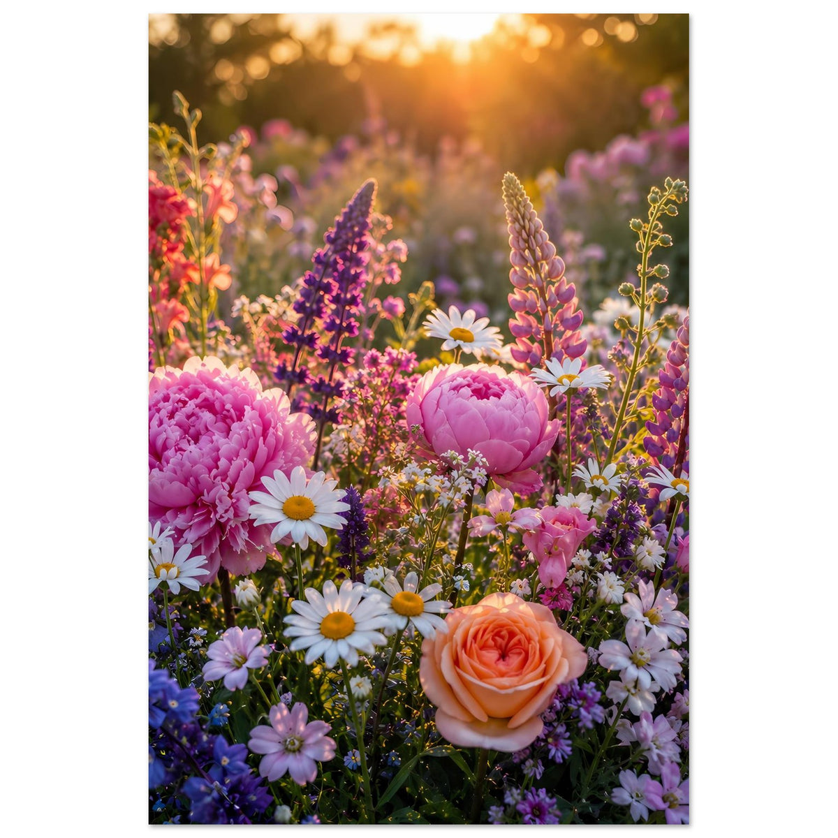 Blumenposter mit farbenfrohen Blumen: pinke Pfingstrose, orange Rose, weiße Gänseblümchen