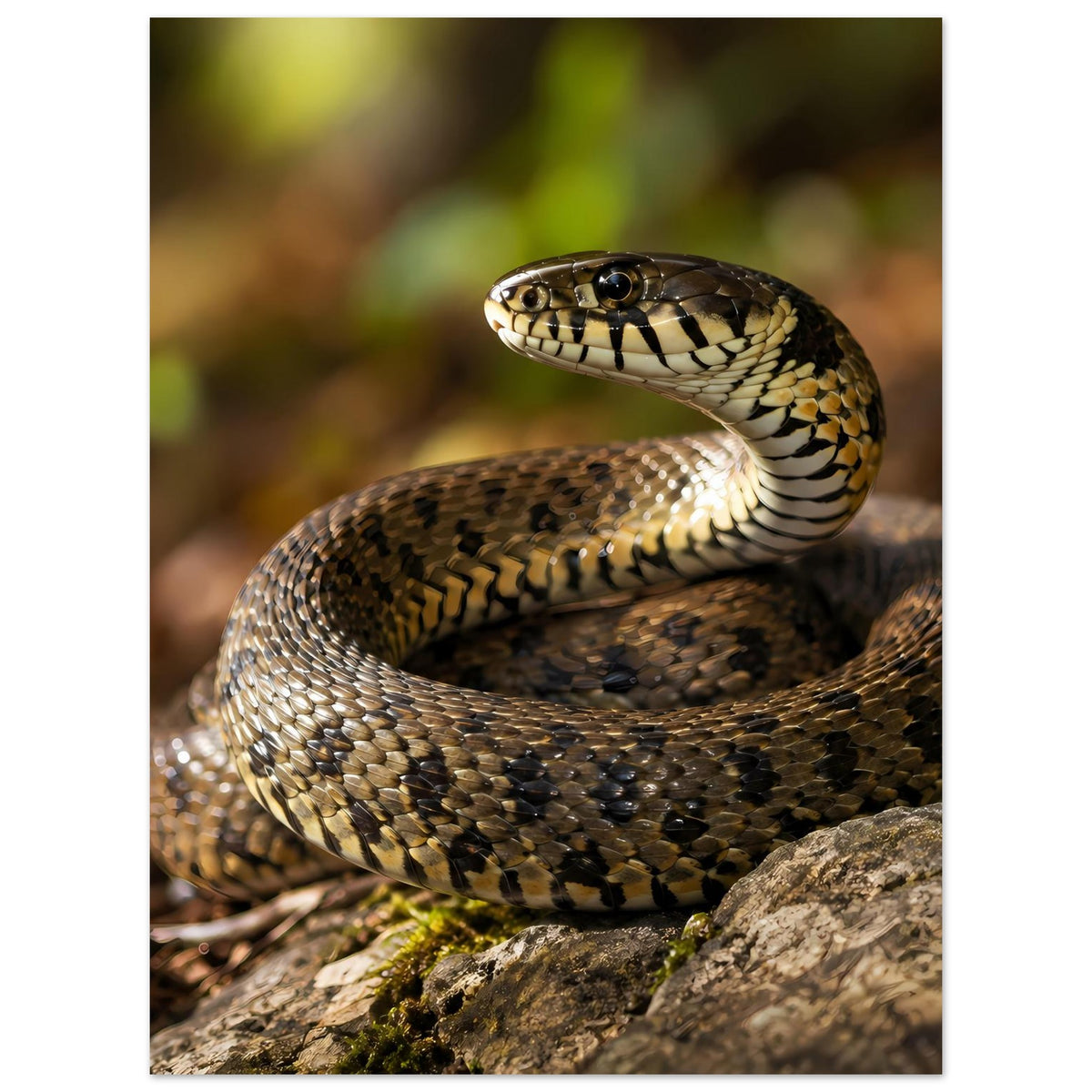 Mattes Poster einer geschlängelten Schlange in Naturtönen, deutlich sichtbarer Kopf und Körper.
