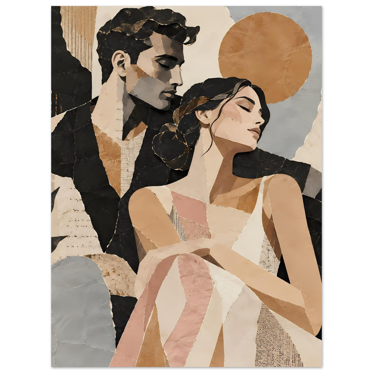 Kunstposter mit abstraktem Paar im Profil, warme Erdtöne, sanfte Beige- und Schwarztöne, hochformat
