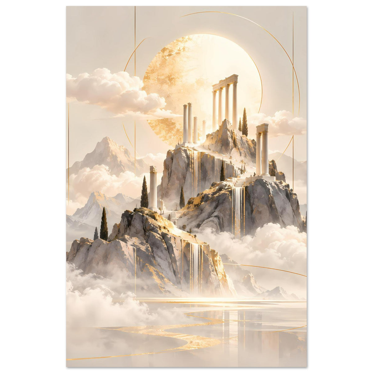 Poster mit Bergtempel-Landschaft: goldener Sonnenkreis, Wasserfälle und Dunst, matt