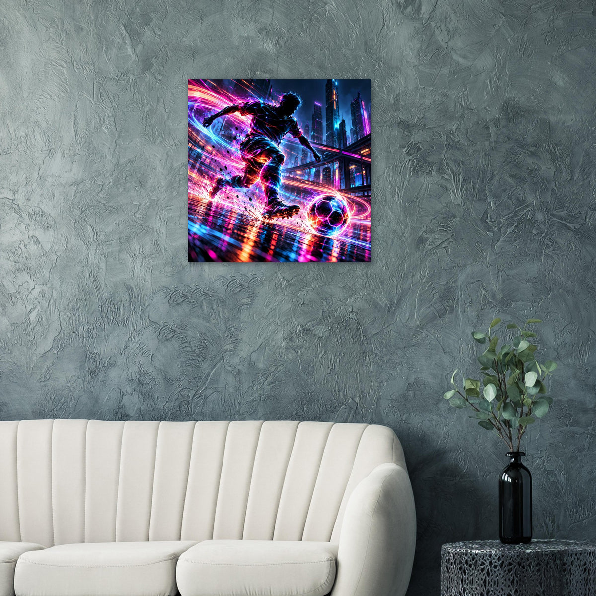 Neon-Soccer-Actionposter, quadratisch, abstraktes futuristisches Motiv in Blau und Pink