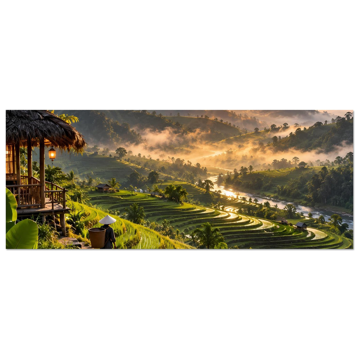 Naturposter horizontal: Sonnenaufgang über grünen Terrassenfeldern und Talmorgen
