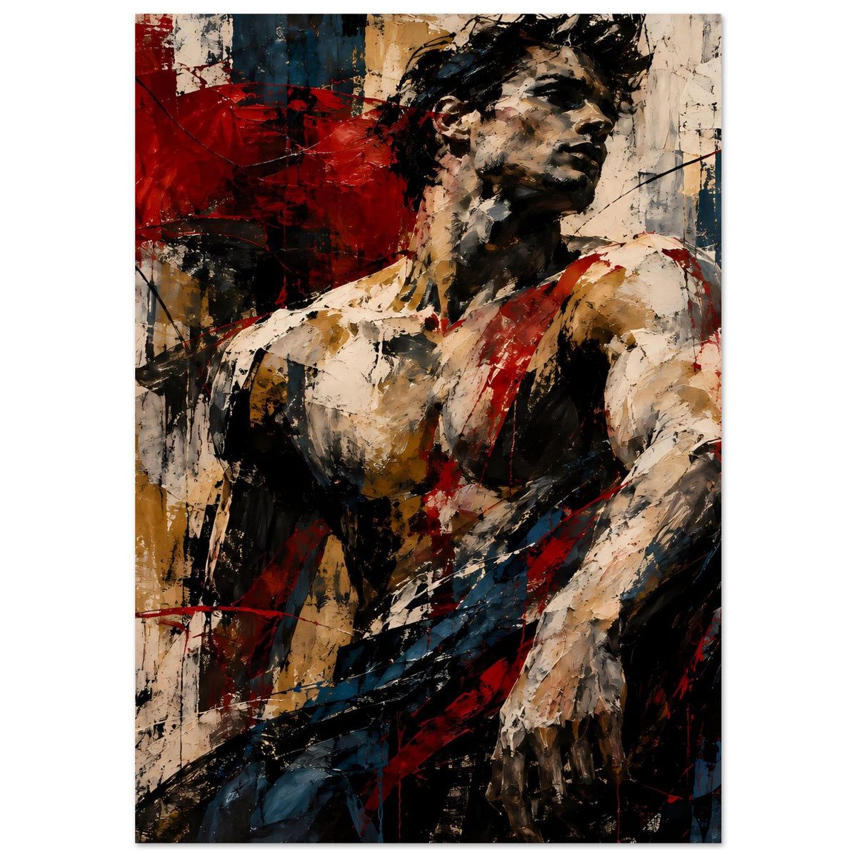 Abstraktes Muskelkunst-Poster mit dynamischer Pinselstruktur, Torso in dunklem Schwarz und Rot
