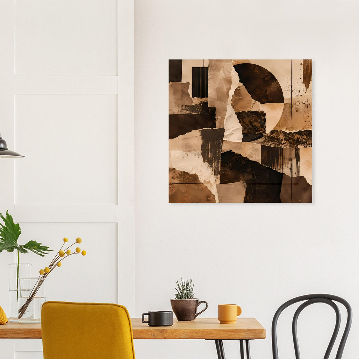 Abstraktes Kunstposter mit warmen Erdtönen über Esstisch
