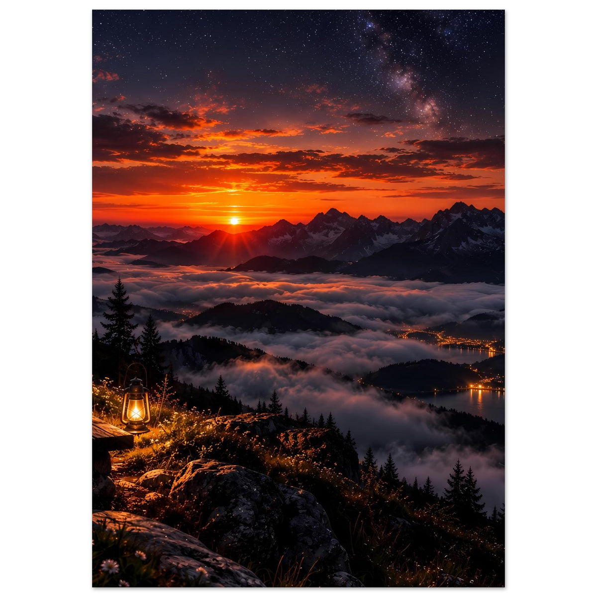 Landschaftsposter mit Sonnenaufgang über Bergtal, Sternenhimmel, Nebel und See im Dämmerlicht