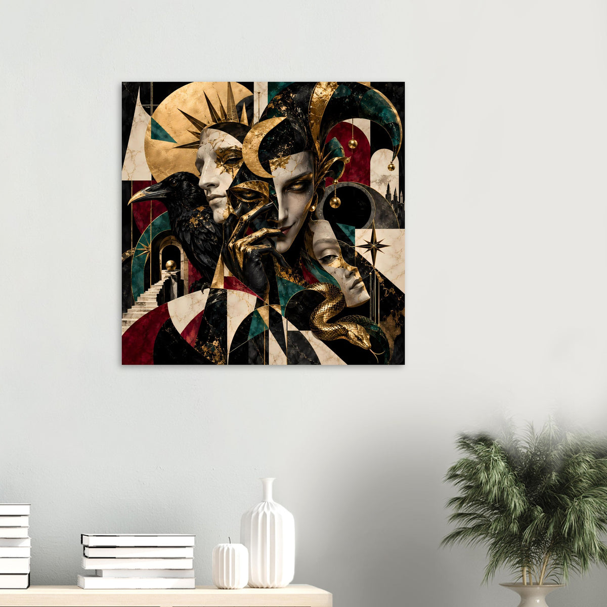 Wand-Kunstdruck-Poster in kleiner Größe mit Gesichtern, Rabe, goldenen Ornamenten und Schlange