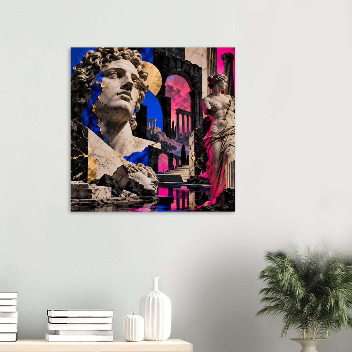 Kleines horizontales Poster mit Statue, blau-pinke Farbakzente und pinkem Säulenlicht