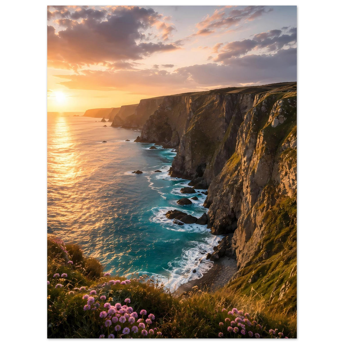 Poster mit Küste bei Sonnenuntergang: goldenes Licht, türkisfarbenes Wasser und Steilküste