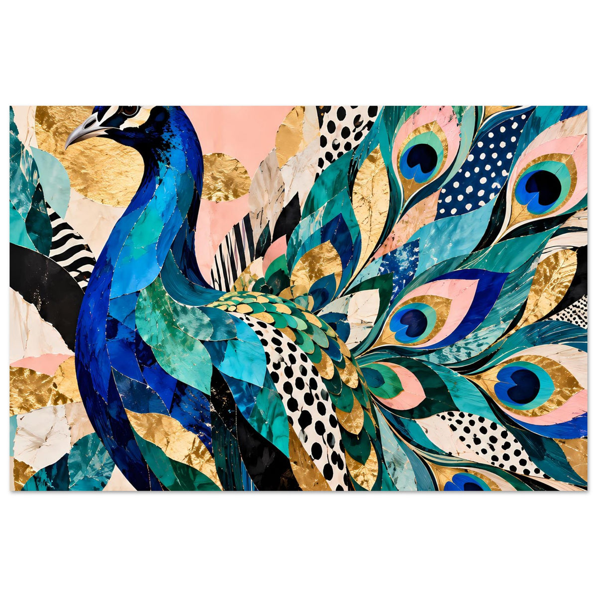 Kunstposter mit Pfauflügeln in Blau, Türkis und Gold, dekoratives Muster mit Pfauenaugen.