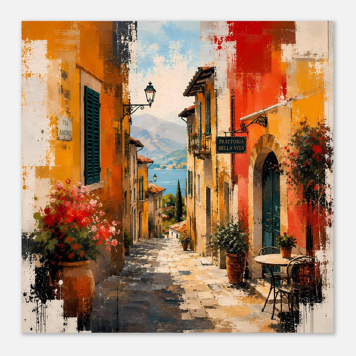 Poster: mediterrane Gasse mit Laterne, Pflanzen in Töpfen und „TRATTORIA BELLA VITA“