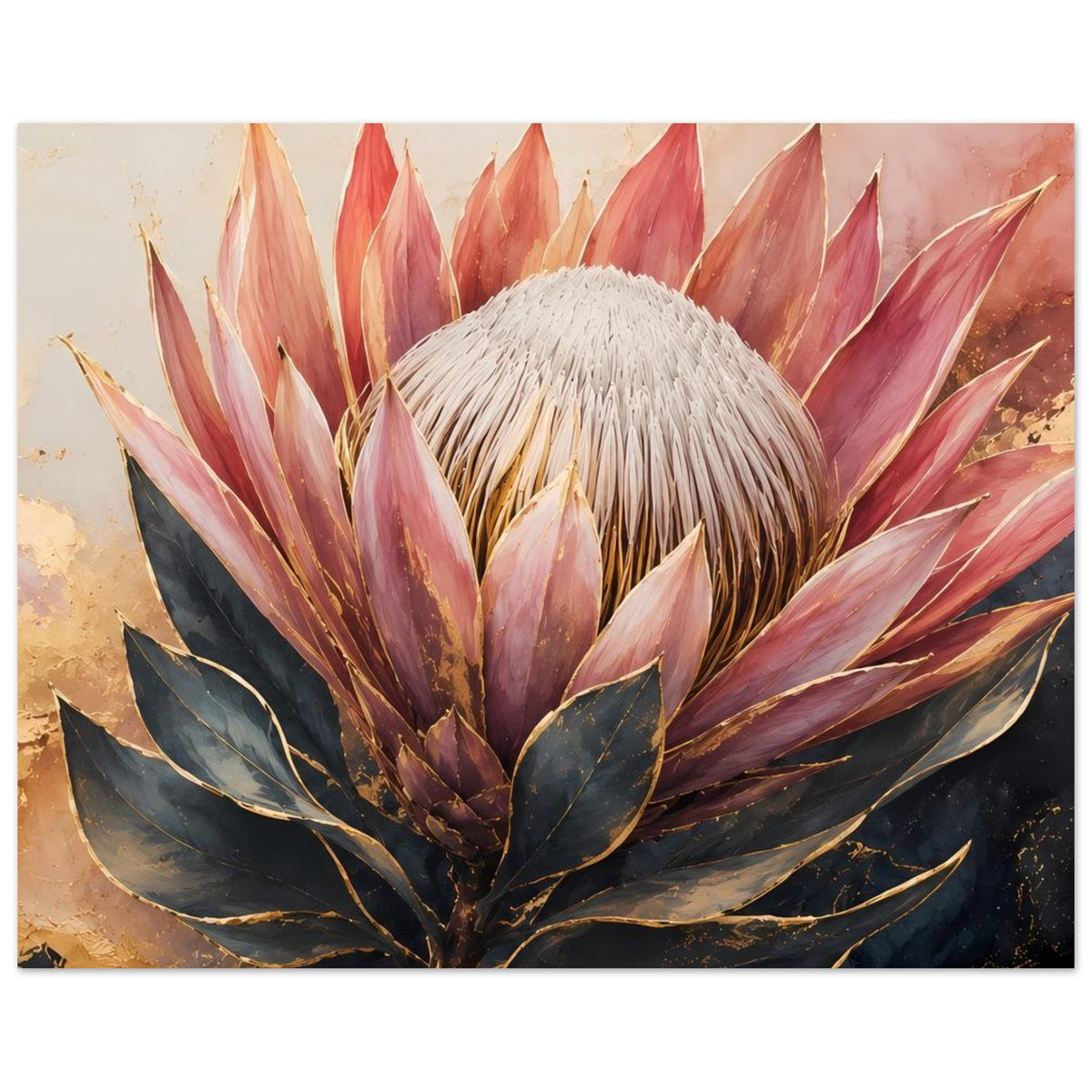 Botanisches Poster mit Königsprotea-Motiv: weißer Blütenbüschel, altrosa Blätter und goldene Linien.