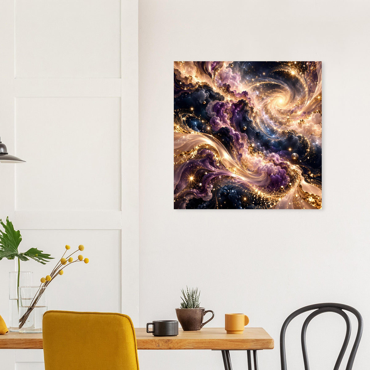 Quadratischer Kunstdruck mit goldener Spiralstruktur und violetten Nebelflächen