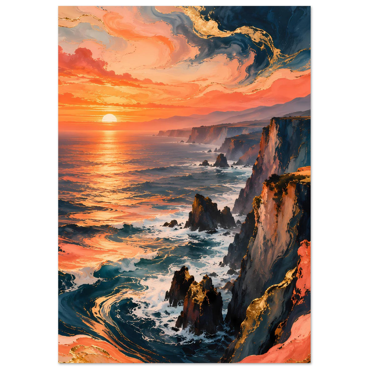 Hochformat-Poster: Küstenklippen bei Sonnenuntergang mit orange-rotem Himmel, Brandung und Felsen