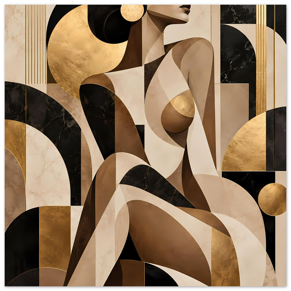 Abstraktes Kunstposter (hochkant) mit Frauenfigur, Beige, Braun, Gold und dunklen Segmenten