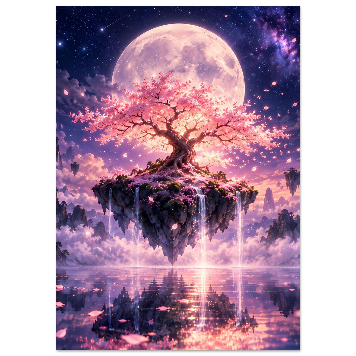 Kirschblütenbaum-Poster Hochformat: Vollmond, schwebende Insel und blühender Kirschbaum