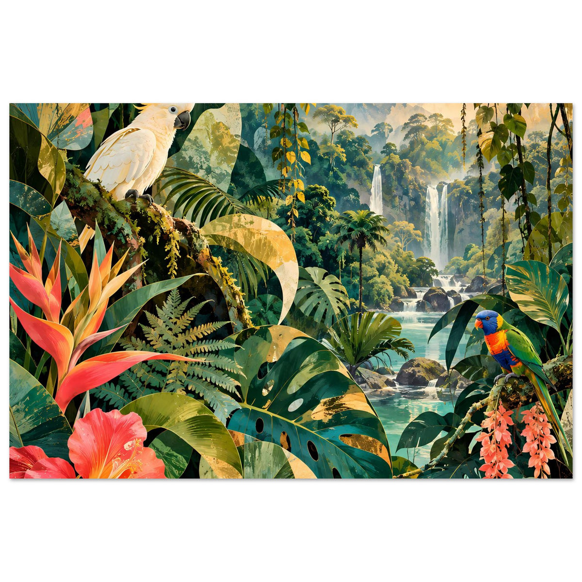 Wandposter mit Papagei, großen Blättern und bunten Blüten im Dschungelmotiv