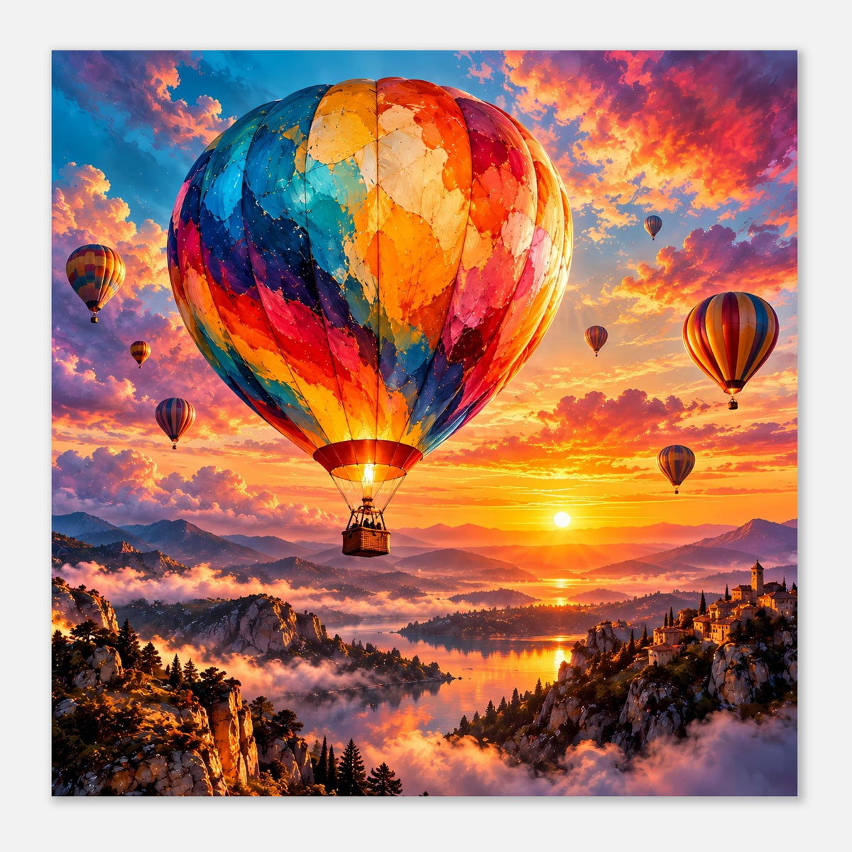 Quadratisches gerahmtes Poster: großer Heißluftballon über Landschaft bei Sonnenuntergang