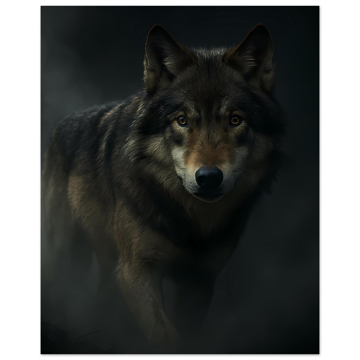 Wolfsporträt-Poster, hochformatig, graubrauner Wolf mit markantem Fell und Blick