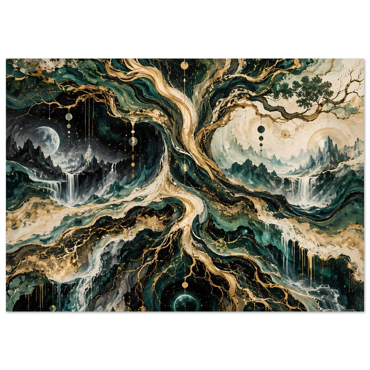 Breites Wandposter mit kosmischem Baum, Sternen, Mond, Wasserfall und Kreisen im Bild