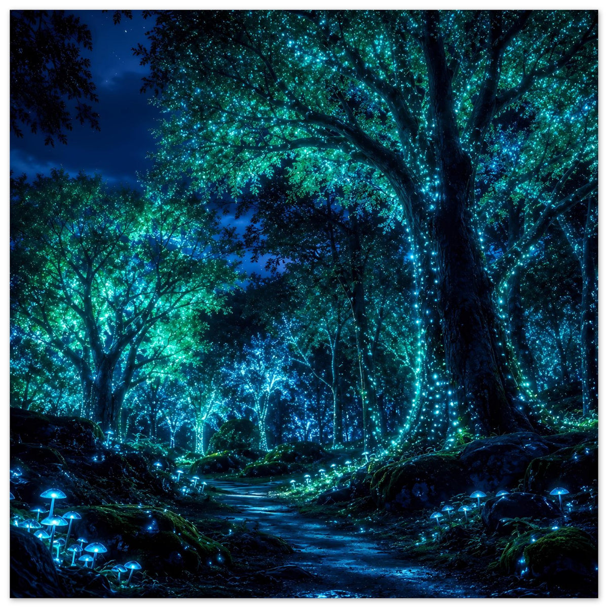 Horizontales Poster: nächtlicher Waldweg mit leuchtenden blau-grünen Bäumen und Pilzen.