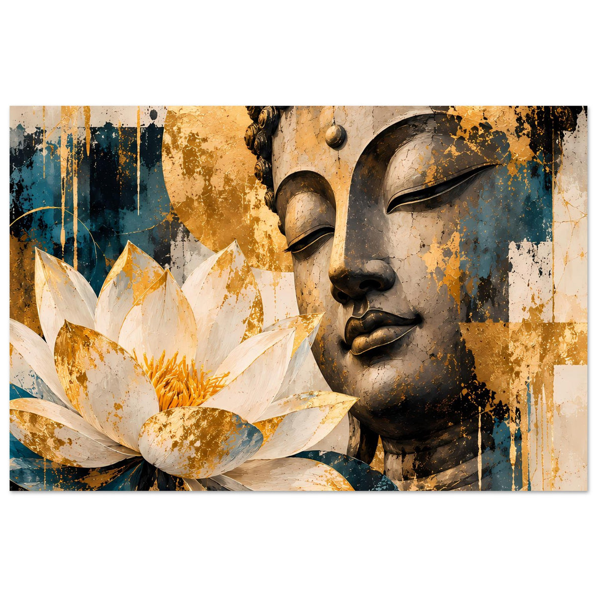 Poster mit Buddha-Gesicht rechts und weißer Lotusblüte links; goldene Sprenkel und Teal.
