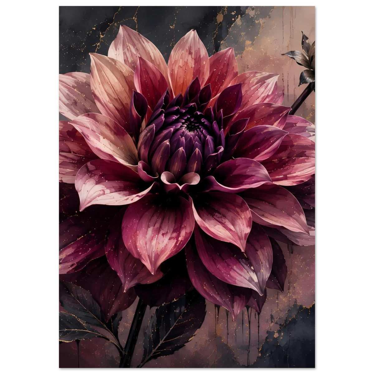 Hochformat-Blumenposter mit dunkelvioletter Dahlie, goldene Adern und satter Farbübergang