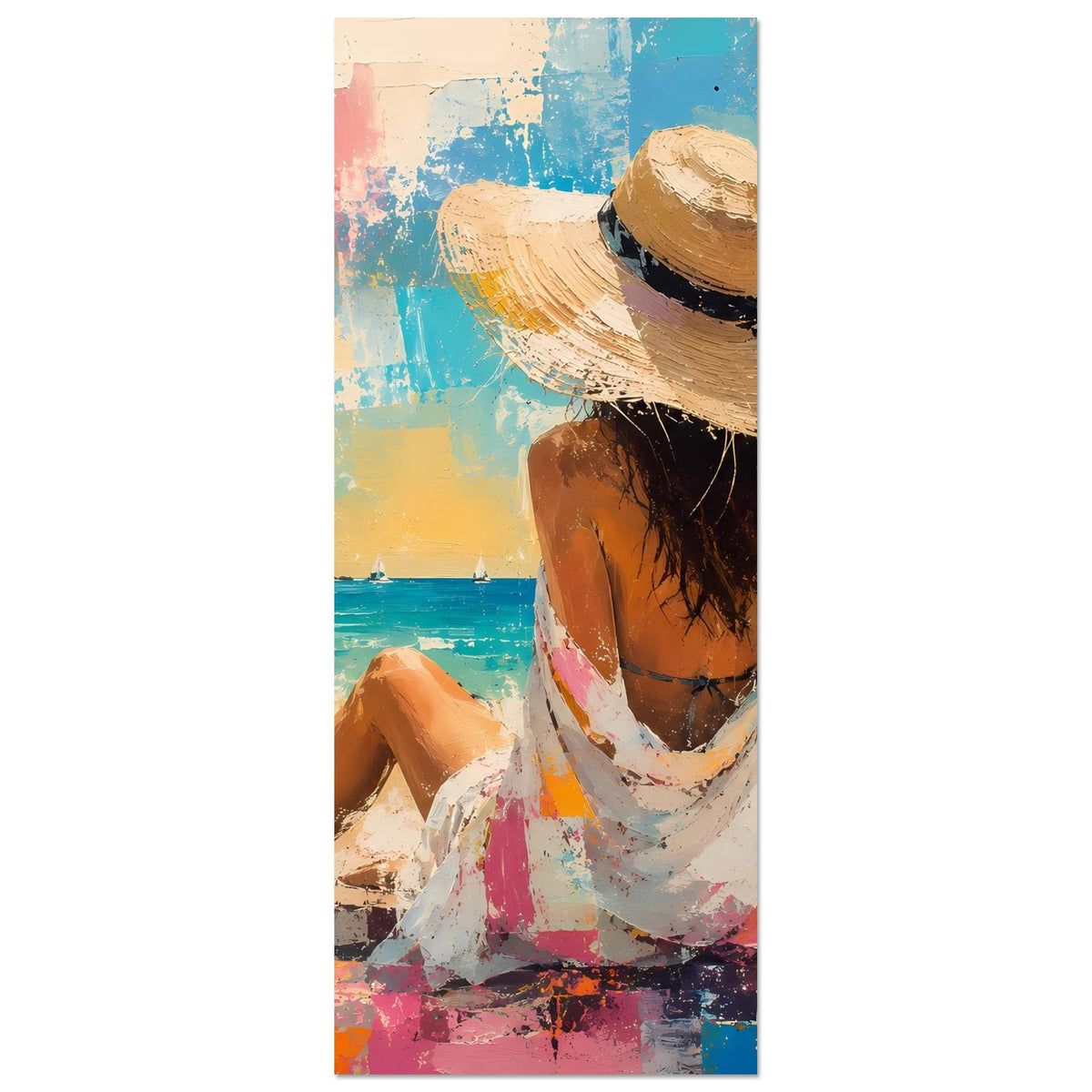 Hochformatiges Poster mit Frau im Strohhut von hinten, am Strand sitzend, abstrakte Farben