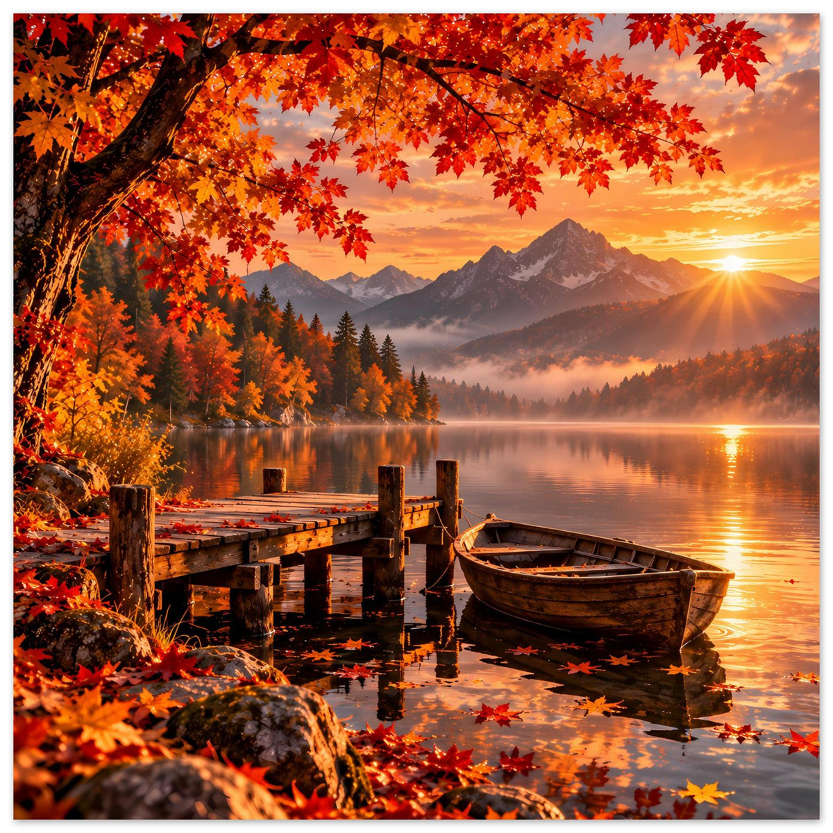 Herbst-Berglandschafts-Poster mit Sonnenaufgang, Nebel, Bergen, See und Holzboot am Steg