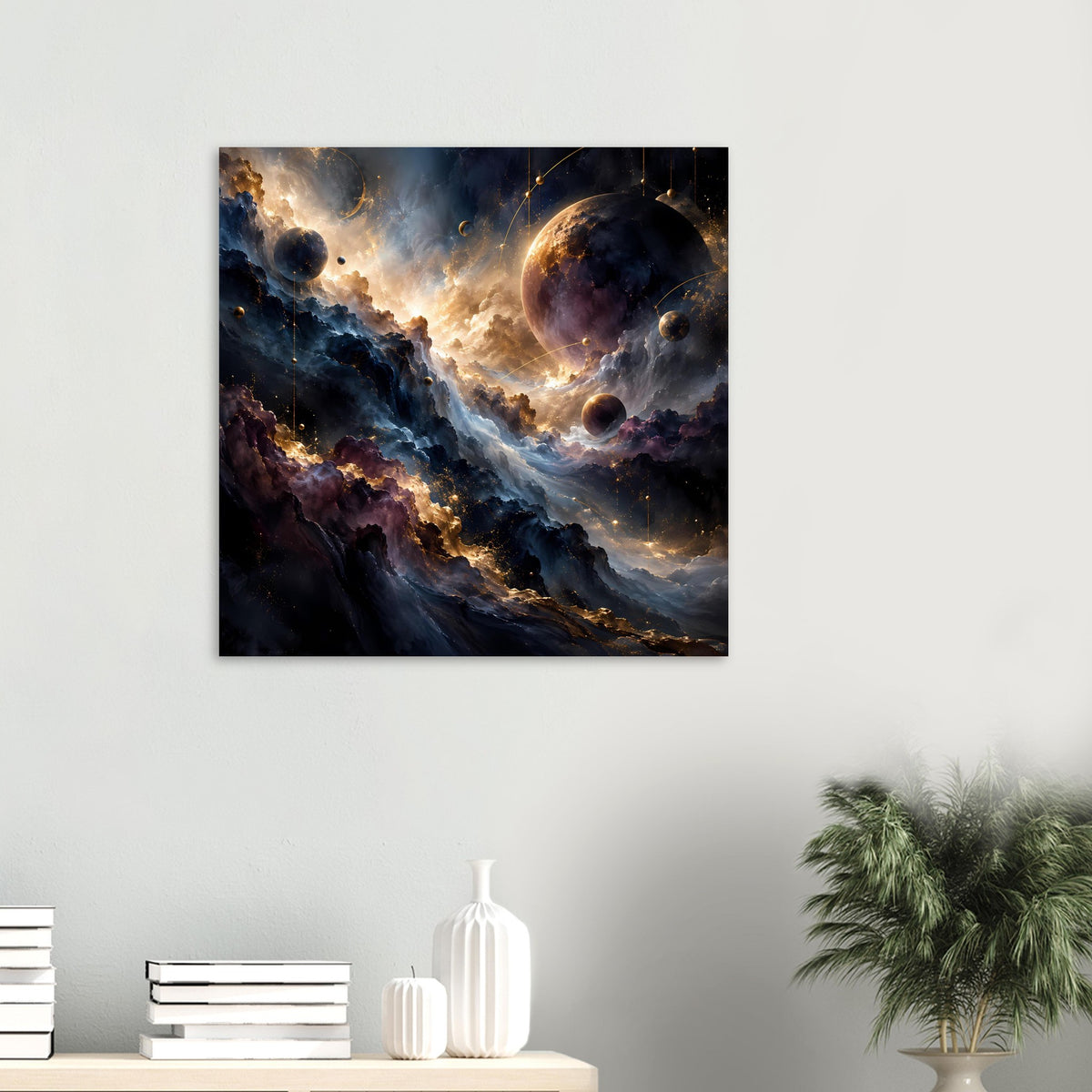 Quadratisches Weltraum-Kunstposter: Planetensilhouetten, Sternenstaub und violett-blauer Nebel