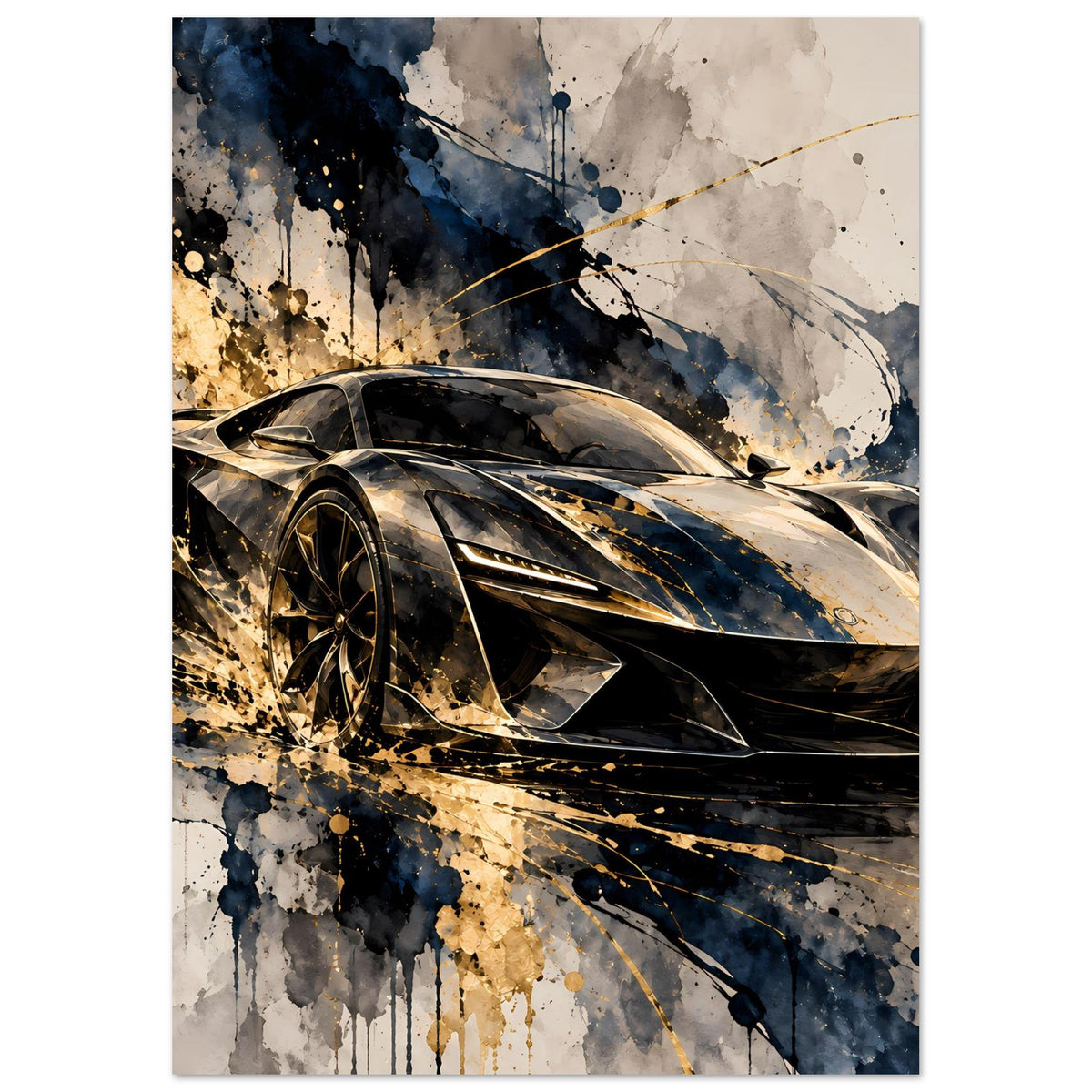 Poster: schwarzer Supersportwagen mit Goldakzenten, seitliche Frontansicht – Hochformat